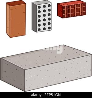 Different building materials like solid and perforated clay bricks alongside a durable concrete block, representing construction, infrastructure, and Stock Vector
