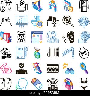 Diverse collection of graphic symbols and metaphors displaying concepts related to business, technology, finance, law, science, beauty, and daily life Stock Vector