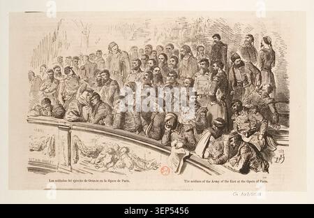 Engraving by Gustave Doré presents soldiers of the Army of the East attending a performance at the Paris Opera, arranged in structured audience tiers and theatrical interior space dated 1856, combining military presence with formal cultural setting. Stock Photo