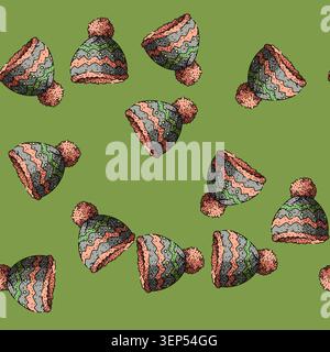 pattern bonnet winter hat hand drawn. cap chullo, cloche fedora, fleece fur bonnet winter hat vector sketch illustration Stock Vector