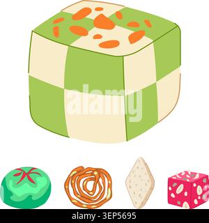 Assortment of colorful traditional festive sweet food items including mithai, jalebi, and petha, originating from south asian culinary traditions, off Stock Vector