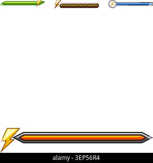 Video game interface elements displaying various energy and power bars with lightning bolt icons, providing visual feedback on status, strength, or pr Stock Vector