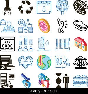 Set of doodle style vector icons illustrating various themes and subjects including technology, environment, health, business, food, and human experie Stock Vector