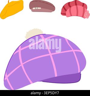 Assortment of stylish headwear including berets, caps and beanies in colorful, modern designsflat vector illustrations on white background showcasing Stock Vector