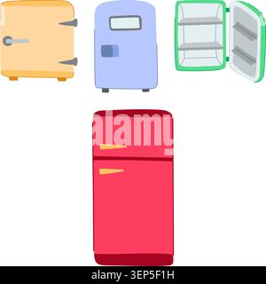 Collection of stylized refrigerators featuring various designs, colors, and sizes, including closed and open doors, suitable for home appliance themes Stock Vector