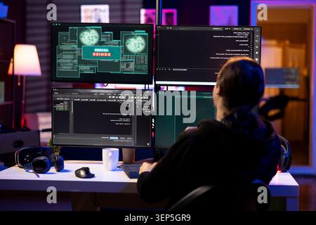 Hacker at home getting access denied error while doing computer sabotage using ransomware while rogue programmer failing to penetrate firewalls while trying to steal victim data. Stock Photo