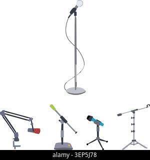 Collection of various microphones positioned on different types of stands, including floor stands, desktop stands, and boom arms, representing audio t Stock Vector
