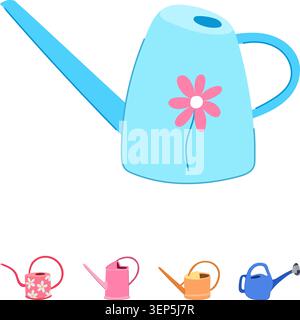Collection of colorful watering cans featuring various designs, including a large blue can with a pink flower, illustrating gardening tools and spring Stock Vector