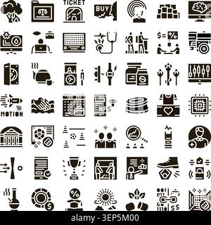 Collection of conceptual glyph icons displaying various business, technology, finance, health, and marketing elements for mobile applications, web des Stock Vector