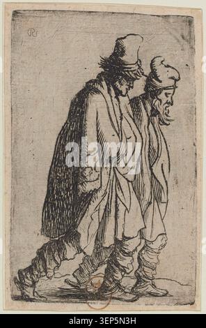 Engraving presents two Venetian figures by Rembrandt in 1629, showing elderly individuals engaged in everyday street life within a seventeenth-century European genre scene focused on social observation and character study. Stock Photo