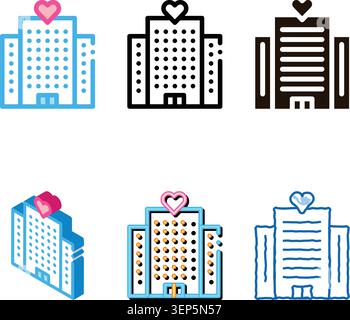 Volunteers Support Building Vector looks Thin Line Icon. Volunteers Support, Charitable Organizations Linear Pictogram. Heart On Skyscraper Hospital, Stock Vector