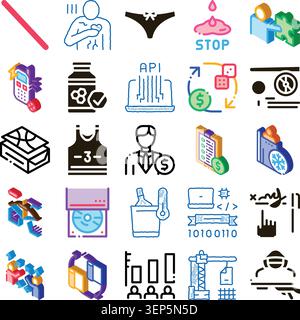 Diverse collection of isometric icons illustrating various concepts including finance, technology, health, and leisure, representing a wide range of m Stock Vector