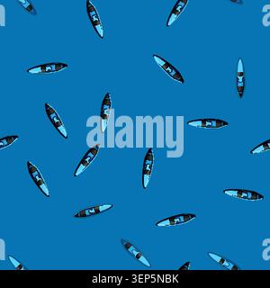 seamless pattern Blue tandem kayak top view with two black seats on white background, ideal for summer paddling, recreation and adventure vector style Stock Vector