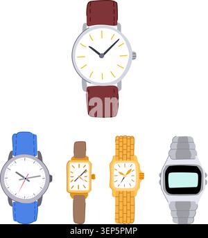 Collection of various wristwatches with different designs and straps, illustrating concepts of time management, punctuality, and personal accessories Stock Vector