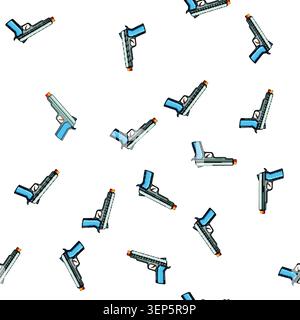 pattern Cartoon vector of a kids' play pistol with a blue handle and bright orange safety tip, playful plastic toy symbolizing harmless childhood game Stock Vector
