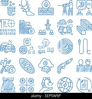 This collection of hand drawn doodle icons depicts various concepts related to business, technology, finance, health, lifestyle, and abstract themes, Stock Vector