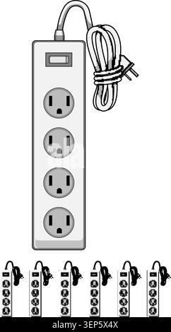 Power strip extending power access with multiple electrical outlets and a coiled cord, symbolizing connectivity, utility, and the essential need for e Stock Vector