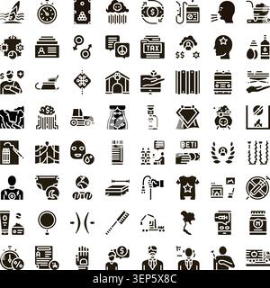 Collection creating various interface glyph icons set featuring silhouette symbols, pictograms, and signage representing diverse concepts on a white b Stock Vector