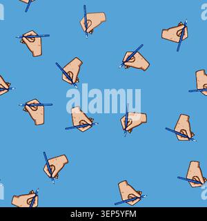seamless pattern Hand holding a blue pen in a writing posture, illustrating concepts of communication, creativity, authorship, and formal education on Stock Vector