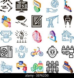 Visualizing a diverse collection of isometric and outlined icons representing various business, technology, leisure, industry, and health concepts for Stock Vector