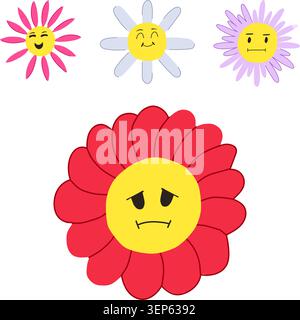 Four stylized personified flowers displaying a range of emotions through facial expressions, including happiness, contentment, frustration, and sadnes Stock Vector