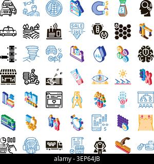 Set of diverse infographic icons illustrating concepts from internet and transportation to medical diagnostics and natural disasters, offering a wide Stock Vector