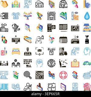 Large grid displaying various isometric and line icons representing a broad spectrum of business, technology, healthcare, and transport concepts, perf Stock Vector