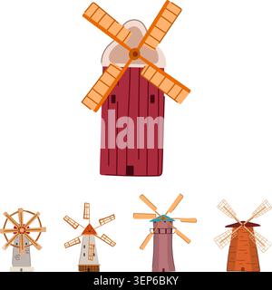 Windmills collection featuring various designs, capturing traditional energy sources and sustainable power concepts, perfect for agricultural heritage Stock Vector