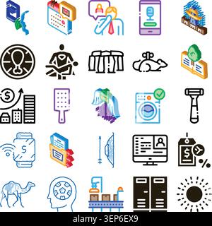 Collection of colorful and outline isometric icons representing a wide range of topics from business and technology to daily life items and ancient st Stock Vector