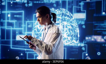 Hardworking system administrator in data center uses artificial intelligence computing simulating human brain thought processes, server room manager works on tablet with AI machine learning. Stock Photo