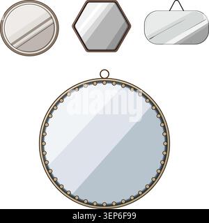 Four wall mirrors in round, hexagonal, and rounded rectangle shapes with varied frames and hanging hooks, clean vector illustrations on white backgrou Stock Vector
