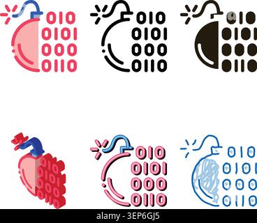 Binary Code Bomb Icon Vector. Outline Binary Code styleset Bomb Sign. Isolated Contour Symbol Stock Vector