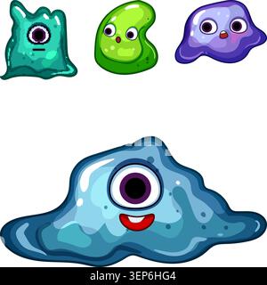 Group of adorable gelatinous goo characters with big eyes and playful expressions, illustrating concepts of whimsy, fantasy, and children's entertainm Stock Vector