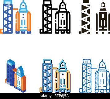Tower With Space mix Ship Icon Vector. Outline Tower With Space Ship Sign. Isolated Contour Symbol Stock Vector