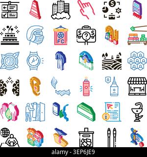 Set of assorted isometric and line art icons representing various business, finance, technology, industry, and everyday concepts, offering a broad vis Stock Vector