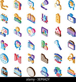 Diverse isometric 3d icons representing health, technology, transport, industry, culture, social issues and everyday life on a clean white background Stock Vector