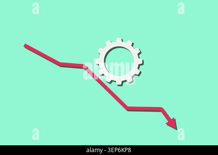 A red line points downward on a blue background with a gear icon near the drop. This shows a decrease in production or performance over time. Stock Photo