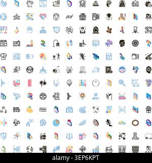 Large grid displaying a wide variety of flat, line, and isometric style icons representing subjects like finance, communication, industry, medical, na Stock Vector