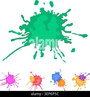 Colorful paint splatters and droplets forming abstract shapes on white background, vibrant fluid splash and grunge texture for creative backgrounds, d Stock Vector
