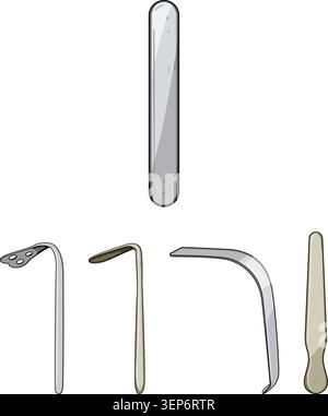 Various medical instruments including a tongue depressor, dental mirrors, and dental tools, illustrating equipment used in healthcare and dentistry fo Stock Vector