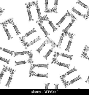 seamless pattern Ancient architectural archway with classical columns and decorative details, hand drawn sketch style with rough textures on a white b Stock Vector