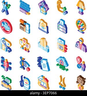 Isometric icon set illustrating a broad range of concepts. Including digital security. Cloud computing. Data management. Business processes. Lifestyle Stock Vector