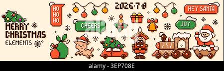 Pack with pixel art Christmas goat, holiday lights, gingerbread train, nutcracker, candle, Santa Clause . Y2k color New Year icons. Stock Vector