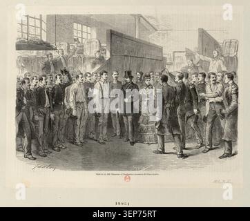 Napoleon III and Empress Eugénie conduct an official visit to the Prince Eugène barracks in Paris during 1870, observed with military personnel during an imperial inspection ceremony. The engraving records a moment of state protocol reflecting Second Empire military relations and public representation of authority in late imperial France. Stock Photo