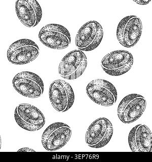 seamless pattern ripe longan fruit hand drawn. fresh nature, plant tropical, thailand natural ripe longan fruit black sketch illustration Stock Vector