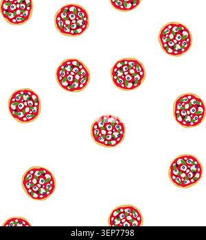 pattern round italian pizza presented in a flat design, featuring vibrant tomato sauce, fresh mozzarella, black olives, and green basil leaves, perfec Stock Vector