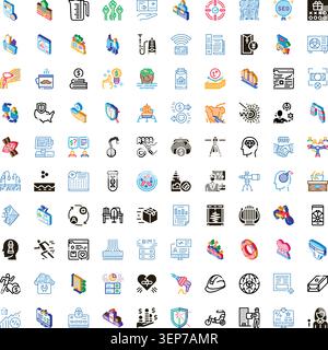 Business, finance, technology, and health concepts forming a diverse collection of flat and isometric icons, symbolizing modern communication and crea Stock Vector