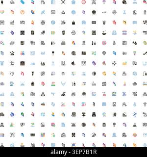 Large grid of colorful flat and gradient icons covering business, tech, finance, travel, health and communication for modern uiux, web and app design Stock Vector