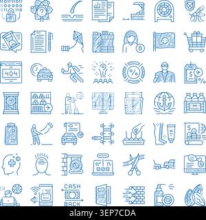 Various blue line art doodle concepts and metaphors collection, featuring diverse themes from business, technology, health, and daily life, illustrati Stock Vector