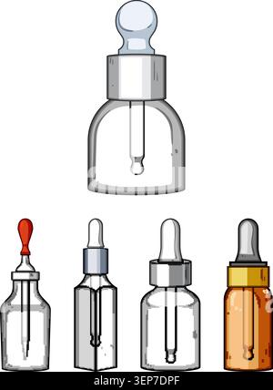 Dropper bottles featuring various designs and sizes, holding liquid or empty, representing concepts of cosmetic products, medical treatment, and essen Stock Vector
